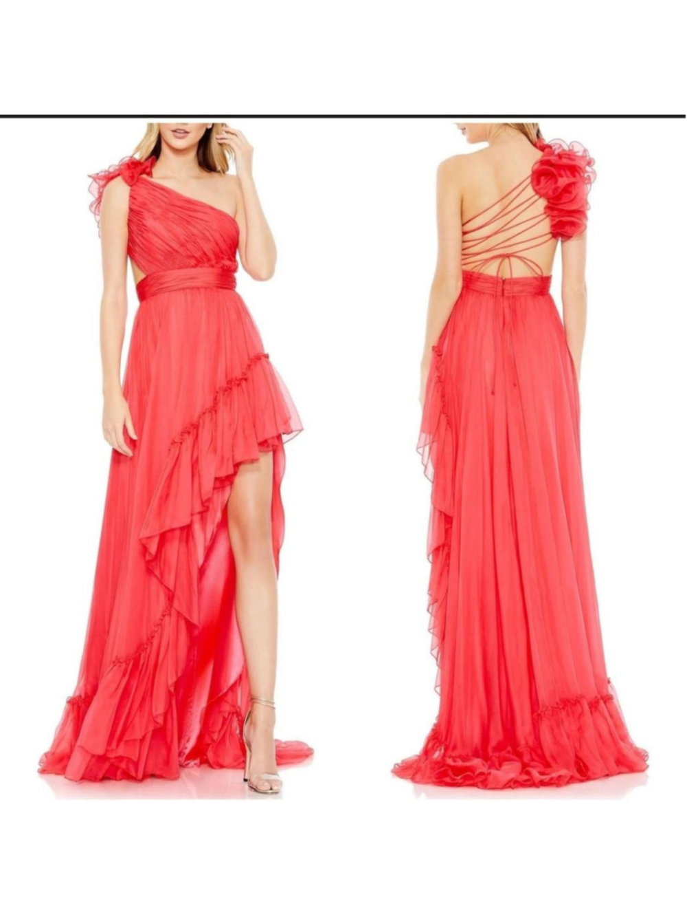 NWT Mac Duggal Ruffled One Shoulder Asymmetrical Gown Cherry Pink/Red Size 10